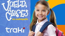 Afiche que muestra una niña sonriendo con su morral para promover las ofertas del regreso a clases en Metropolis Valencia