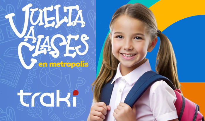 Afiche que muestra una niña sonriendo con su morral para promover las ofertas del regreso a clases en Metropolis Valencia