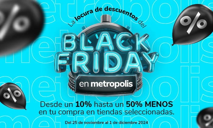 Afiche en azul y negro promoviendo la semana Black Friday del centro comercial Metropolis Valencia