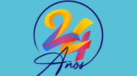 Logo sobre fondo azul celeste para la celegración de los 24 años del Centro Comercial Metropolis Valencia