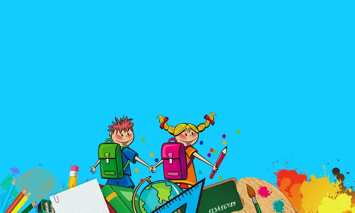 Ilustración con un niño y una niña con sus morrales caminando sobre útiles escolares para representar el regreso a clases