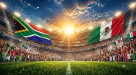 Imagen con las banderas de Sudáfrica y México desplegadas en un estadium de fútbol lleno de fanáticos