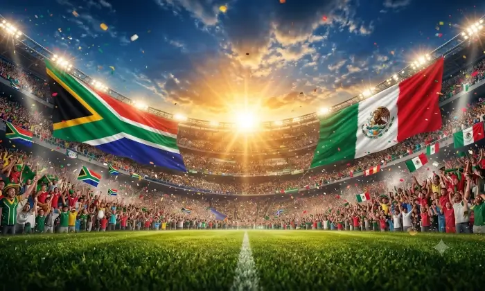 Imagen con las banderas de Sudáfrica y México desplegadas en un estadium de fútbol lleno de fanáticos