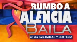 Logotipo de una silueta bailando sobre fondo colorido para el evento Rumbo a Valencia Baila en el Centro Comercial Metrópolis Valencia.