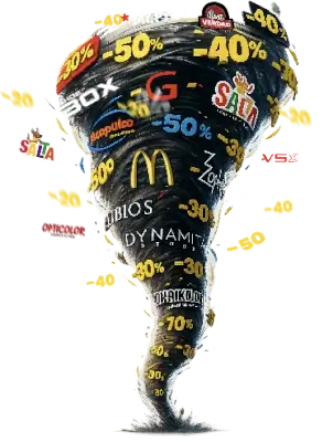 Remolino de descuentos por Black Friday con logos de negocios participantes